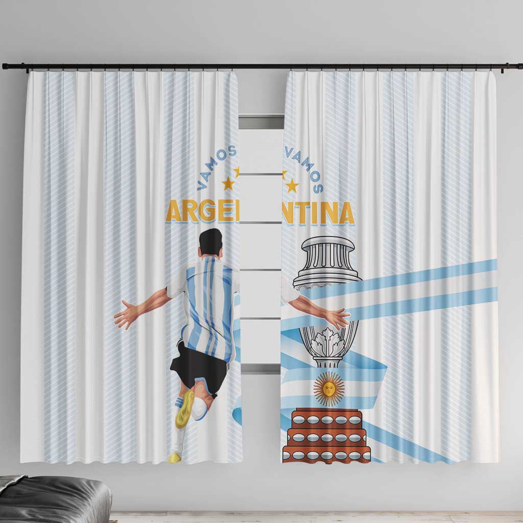 Argentina-themed curtain panels with player silhouette and light blue stripes, hanging on rod.