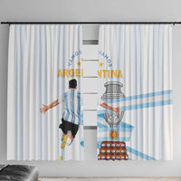 Argentina-themed curtain panels with player silhouette and light blue stripes, hanging on rod.