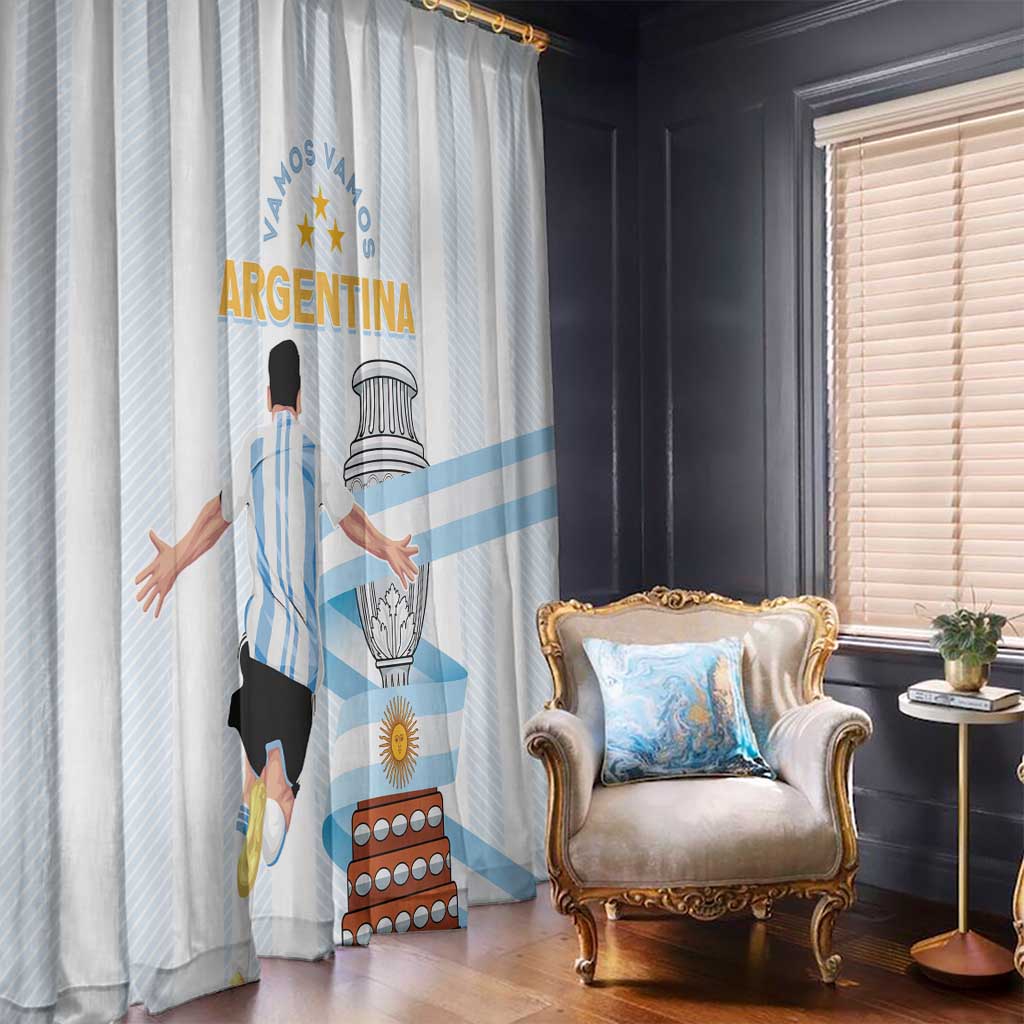 Argentina-themed window curtains in white with light blue stripe, crest, and soccer player print.