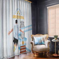 Argentina-themed window curtains in white with light blue stripe, crest, and soccer player print.