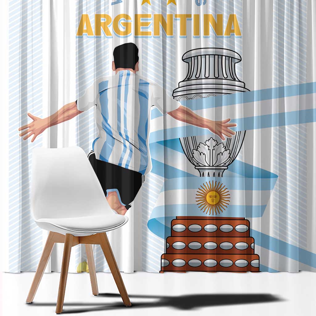 Argentina-themed window curtains, white with light blue stripes and soccer player graphic.
