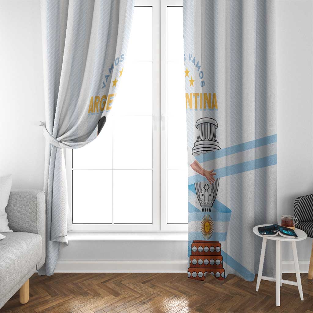 Argentina-themed window curtains with light blue diagonal stripe and emblem graphic on white.