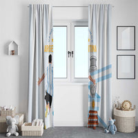 Pair of Argentina-themed window curtains in white with light blue stripes and crest design.
