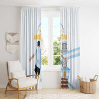 Argentina-themed window curtains, white with light blue stripe and flag crest near center panel.
