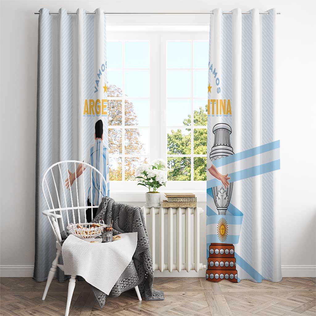 White Argentina-themed window curtain panels with light blue stripes and shield emblem print.