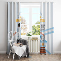 White Argentina-themed window curtain panels with light blue stripes and shield emblem print.
