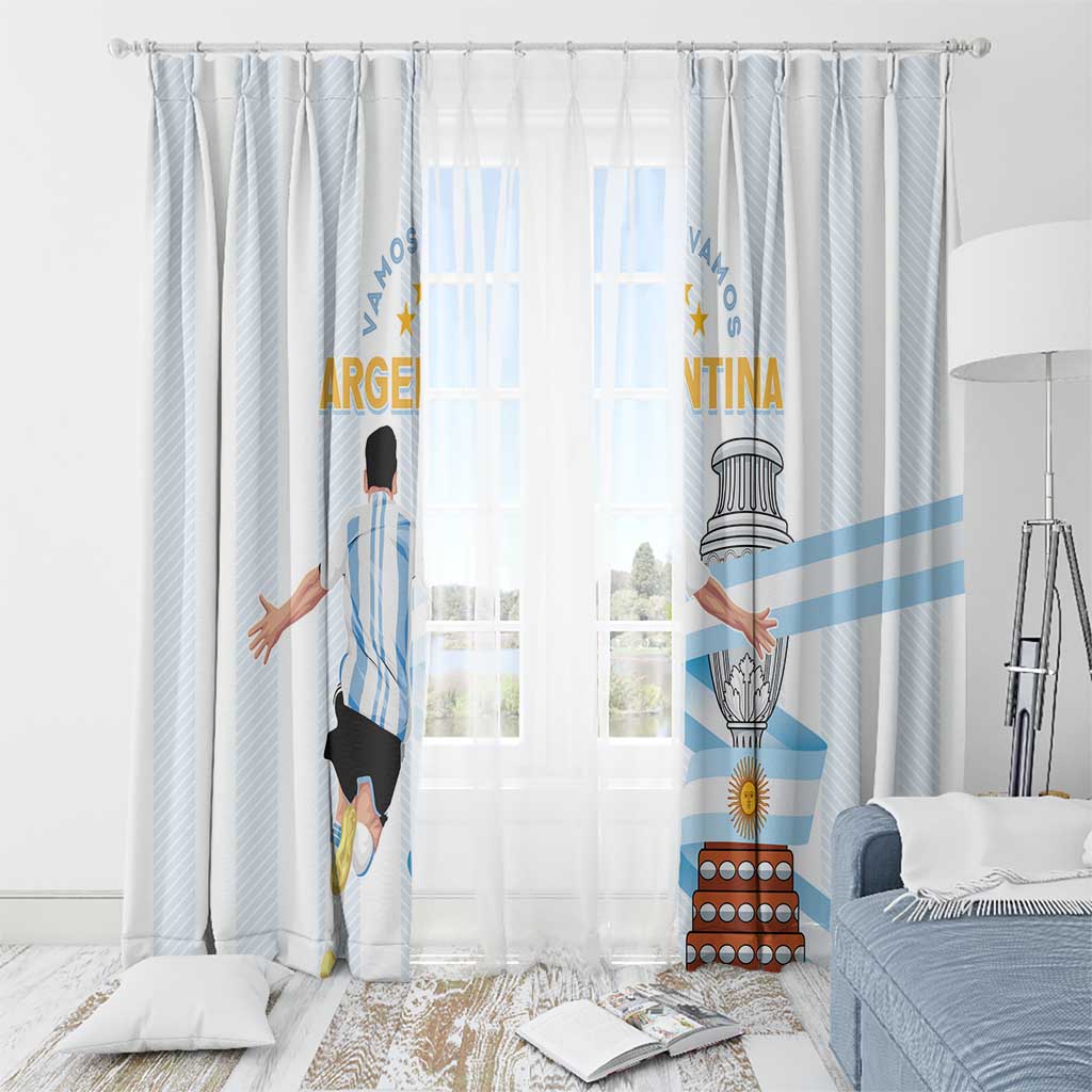 Argentina-themed window curtains in white with light blue stripe and player graphic beside window.