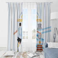 Argentina-themed window curtains in white with light blue stripe and player graphic beside window.