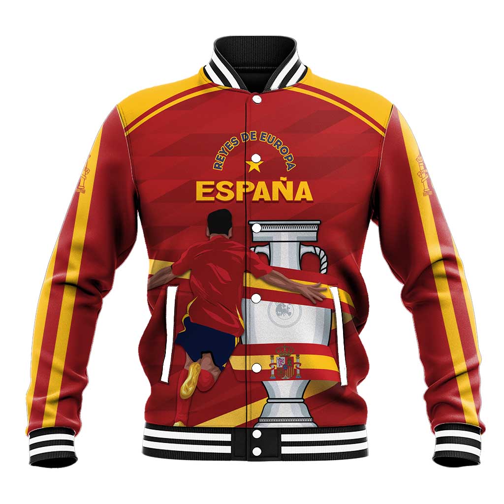 Red baseball jacket with yellow side stripes, black ribbed collar and front graphic