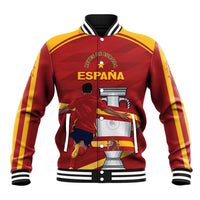 Red baseball jacket with yellow side stripes, black ribbed collar and front graphic