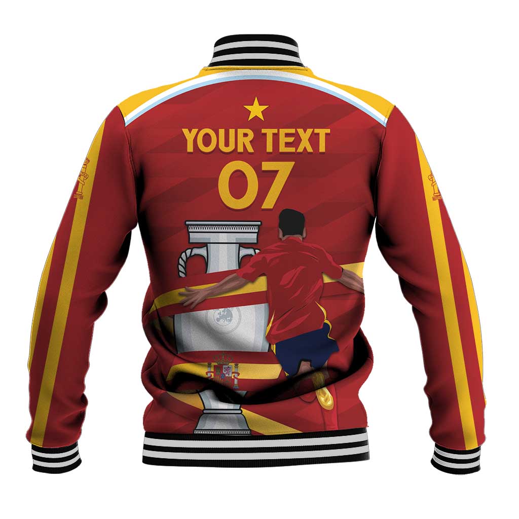 Red baseball jacket with yellow sleeve stripes, ribbed hem and back graphic 'YOUR TEXT 07'