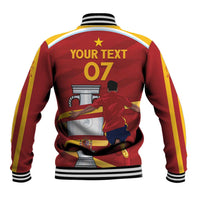 Red baseball jacket with yellow sleeve stripes, ribbed hem and back graphic 'YOUR TEXT 07'