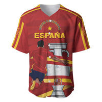 Red V-neck baseball jersey with yellow side stripes and Spain-themed graphic front