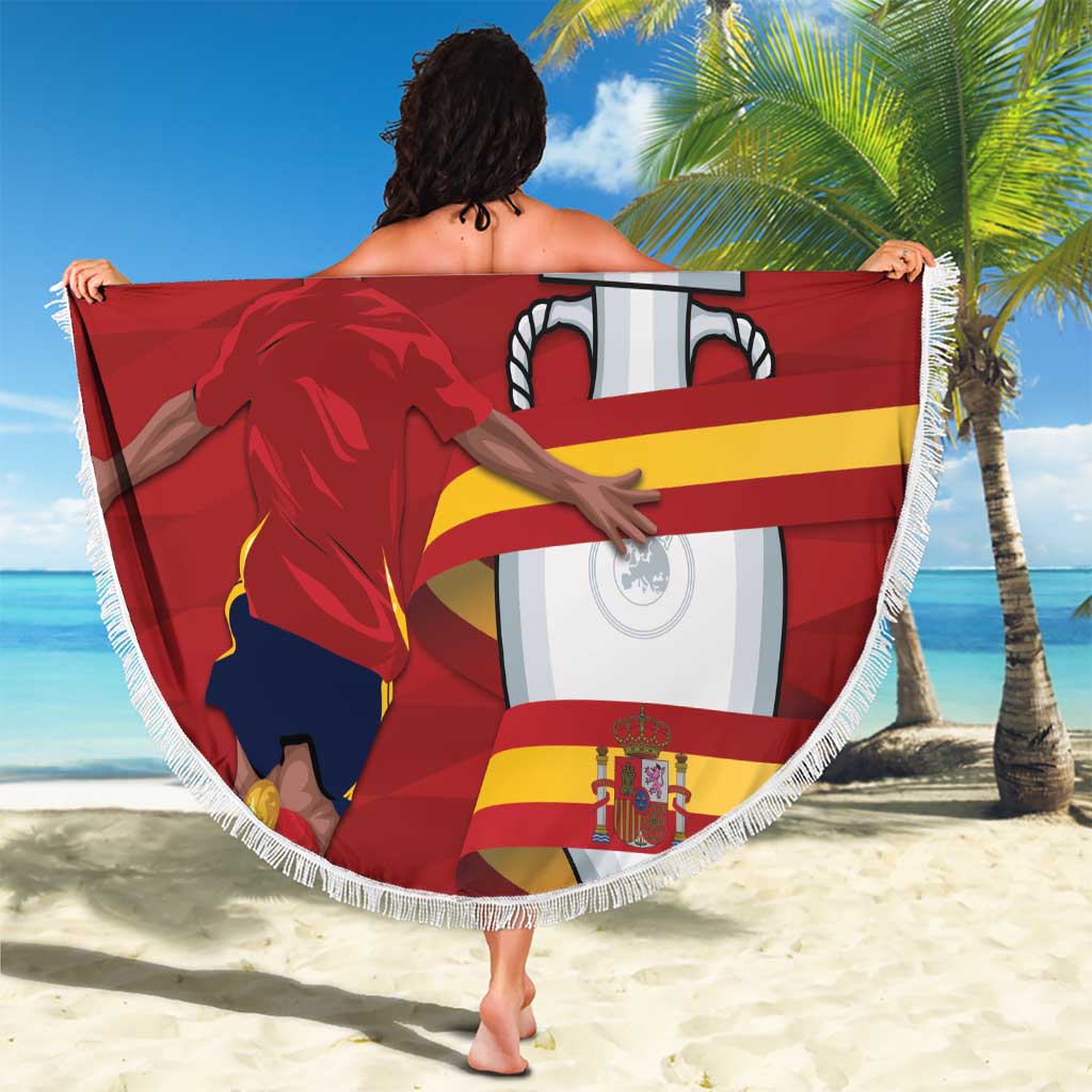 Round Spain beach blanket with red soccer-themed print and fringe