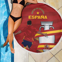 Round Spain Campeones beach blanket with fringe and Spain flag graphic