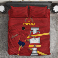 Red Spain Campeones bedding set with soccer player and trophy graphic