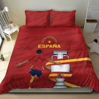 Bedding set with red duvet cover and pillowcases, España trophy graphic and soccer player