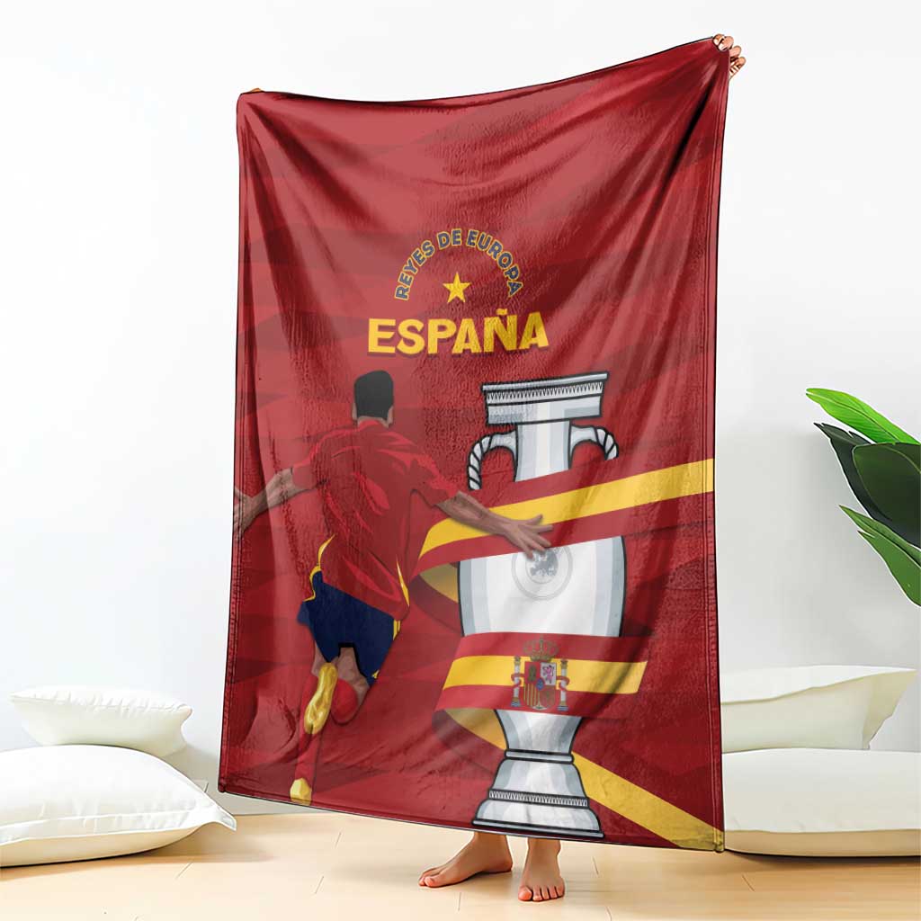 Red Spain champions blanket with soccer player and trophy