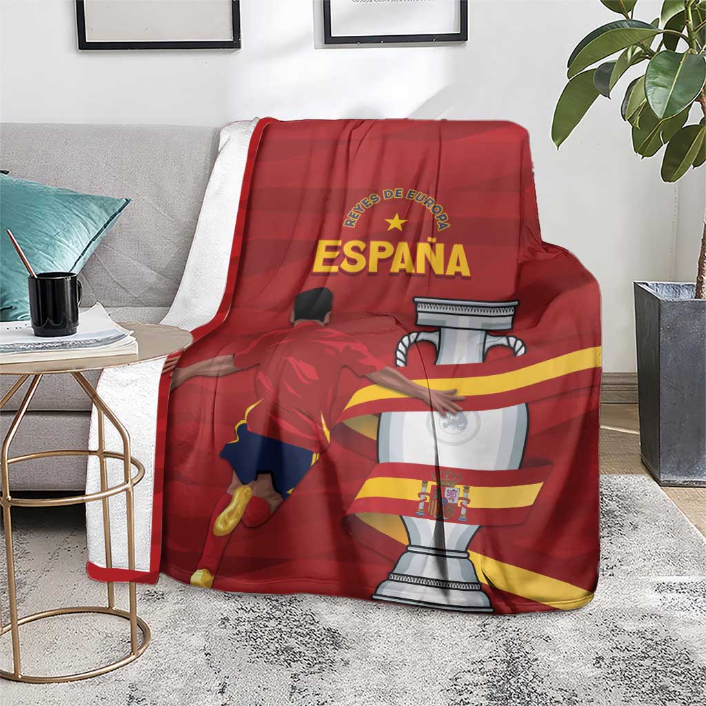 Red Spain blanket with football player and trophy graphic