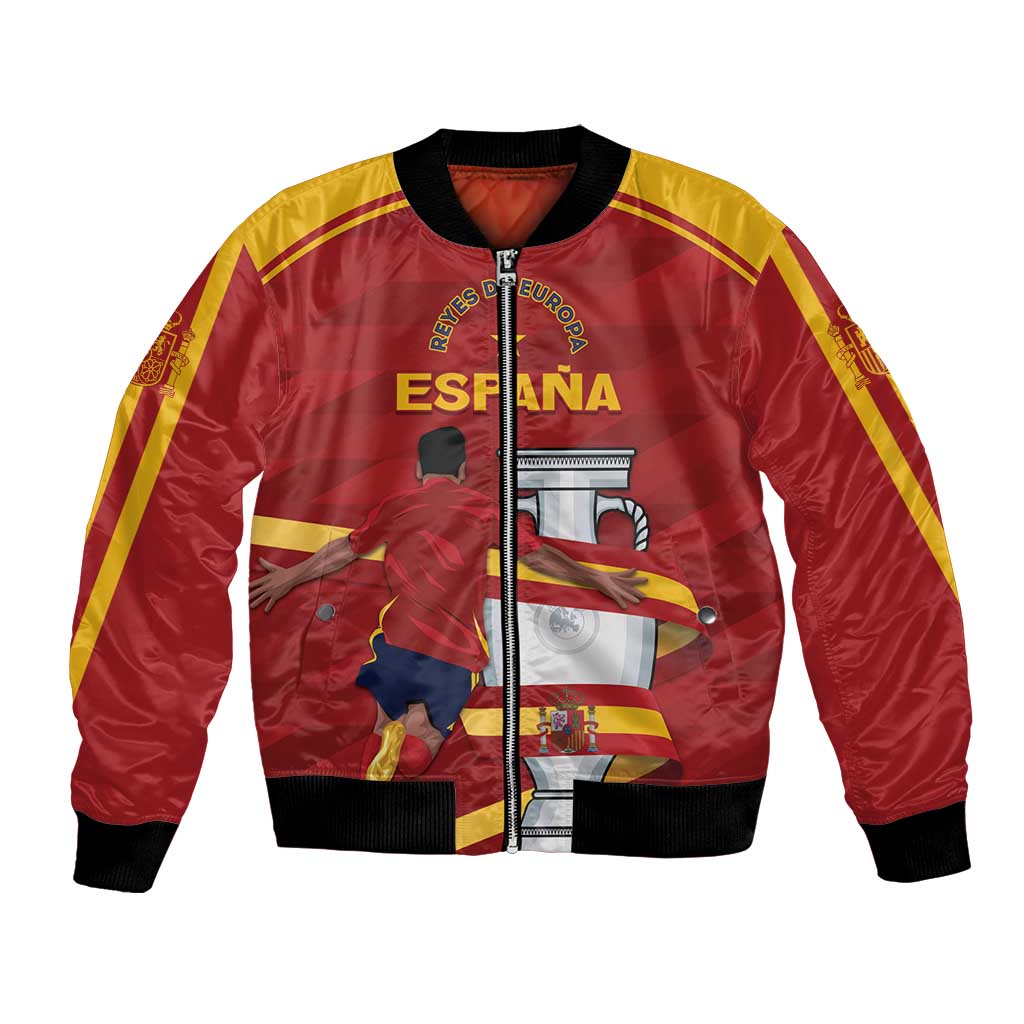 Red bomber jacket with yellow striped sleeves, black rib cuffs, zip front, Spain crest graphic.