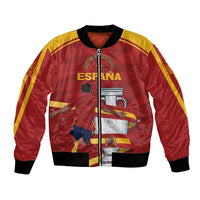 Red bomber jacket with yellow striped sleeves, black rib cuffs, zip front, Spain crest graphic.