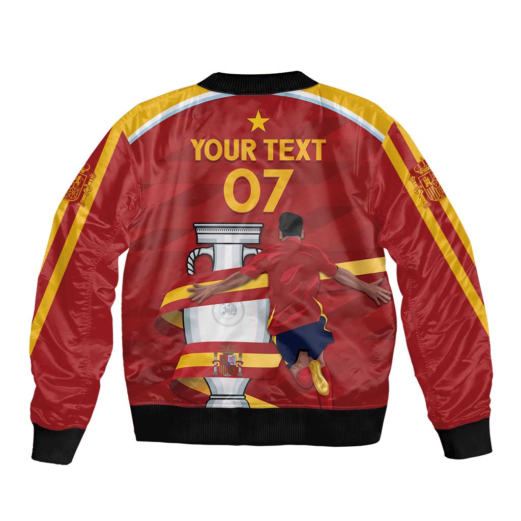 Red bomber jacket back with YOUR TEXT and 07 print, yellow stripes, black rib cuffs, zip front.