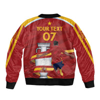 Red bomber jacket back with YOUR TEXT and 07 print, yellow stripes, black rib cuffs, zip front.