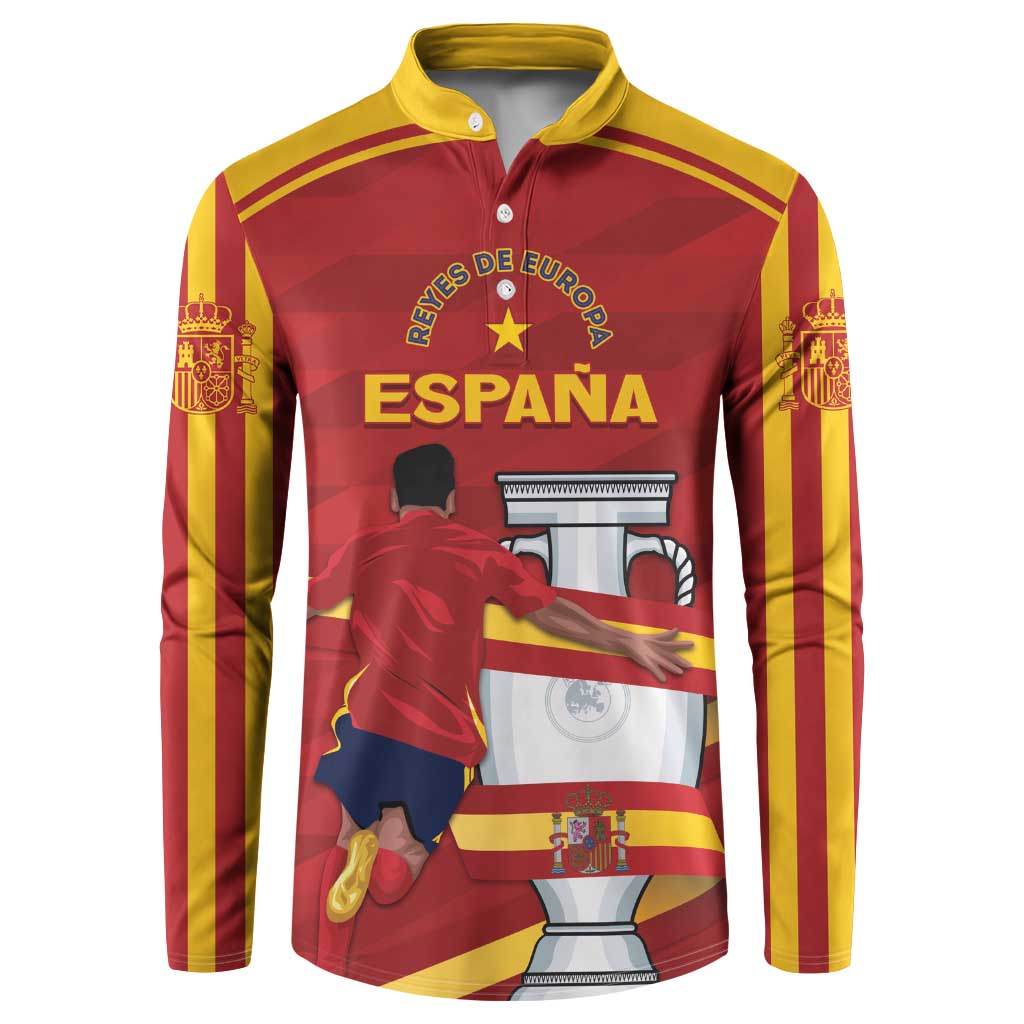 Red button-up sweatshirt with yellow collar, Spain graphic, stripes on sleeves
