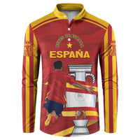 Red button-up sweatshirt with yellow collar, Spain graphic, stripes on sleeves