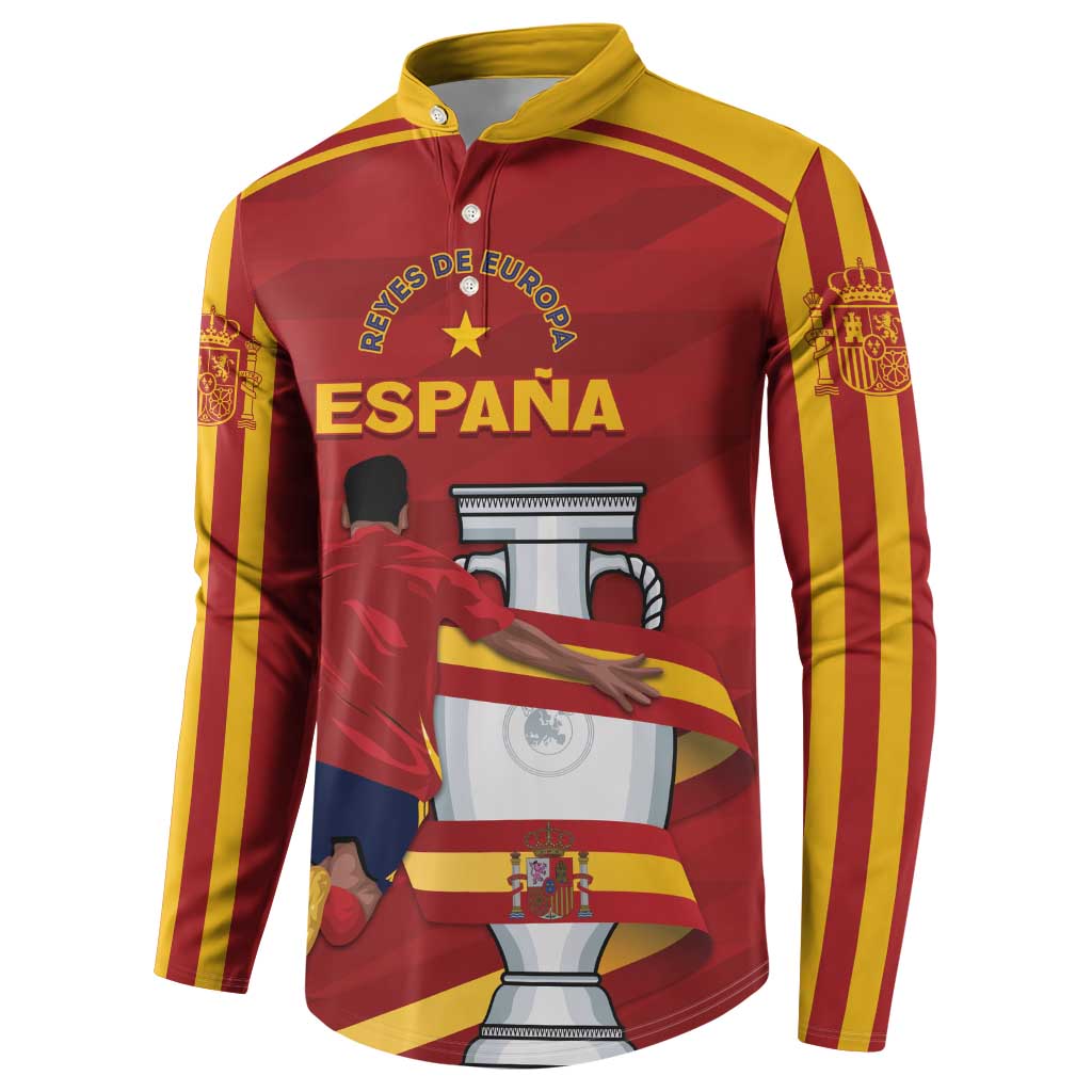 Red button-up Spain sweatshirt with yellow collar, large central crest and striped sleeves