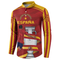 Red button-up Spain sweatshirt with yellow collar, large central crest and striped sleeves