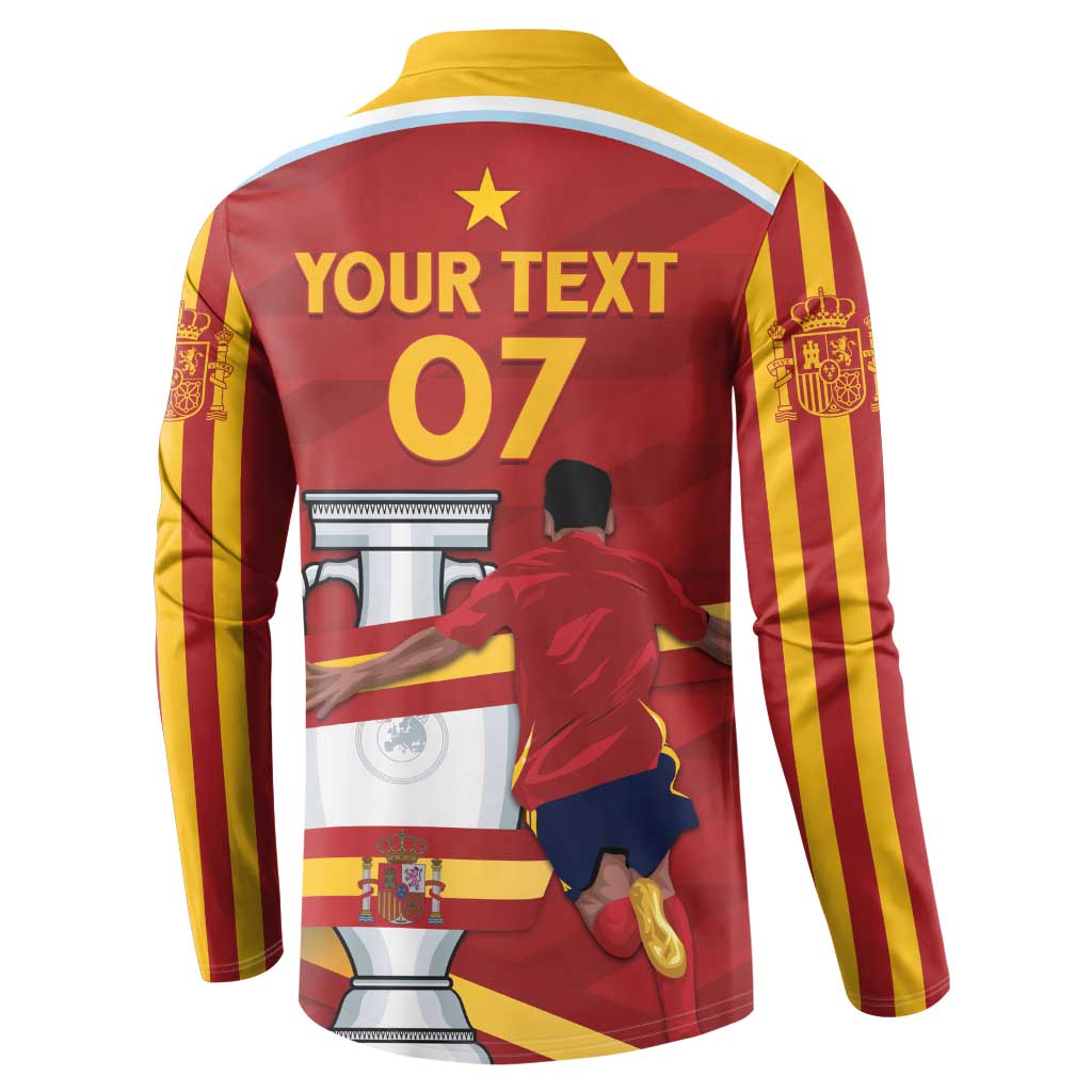 Red back button-up sweatshirt with yellow collar, YOUR TEXT 07 and trophy graphic
