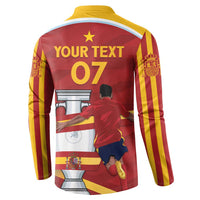 Red back button-up sweatshirt with yellow collar, YOUR TEXT 07 and trophy graphic