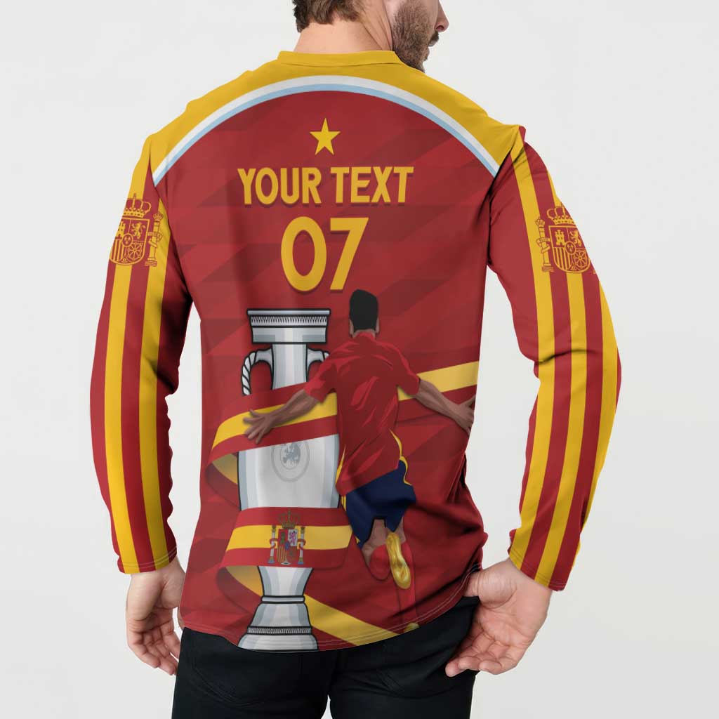 Red back Spain button-up sweatshirt on model, yellow collar, YOUR TEXT 07, striped sleeves