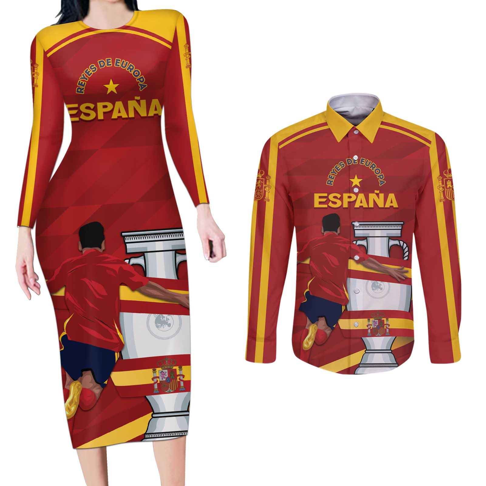 Spain Campeones Custom Couples Matching Long Sleeve Bodycon Dress and Long Sleeve Button Shirt Reyes de Europa LT7 - Wonder Print Shop