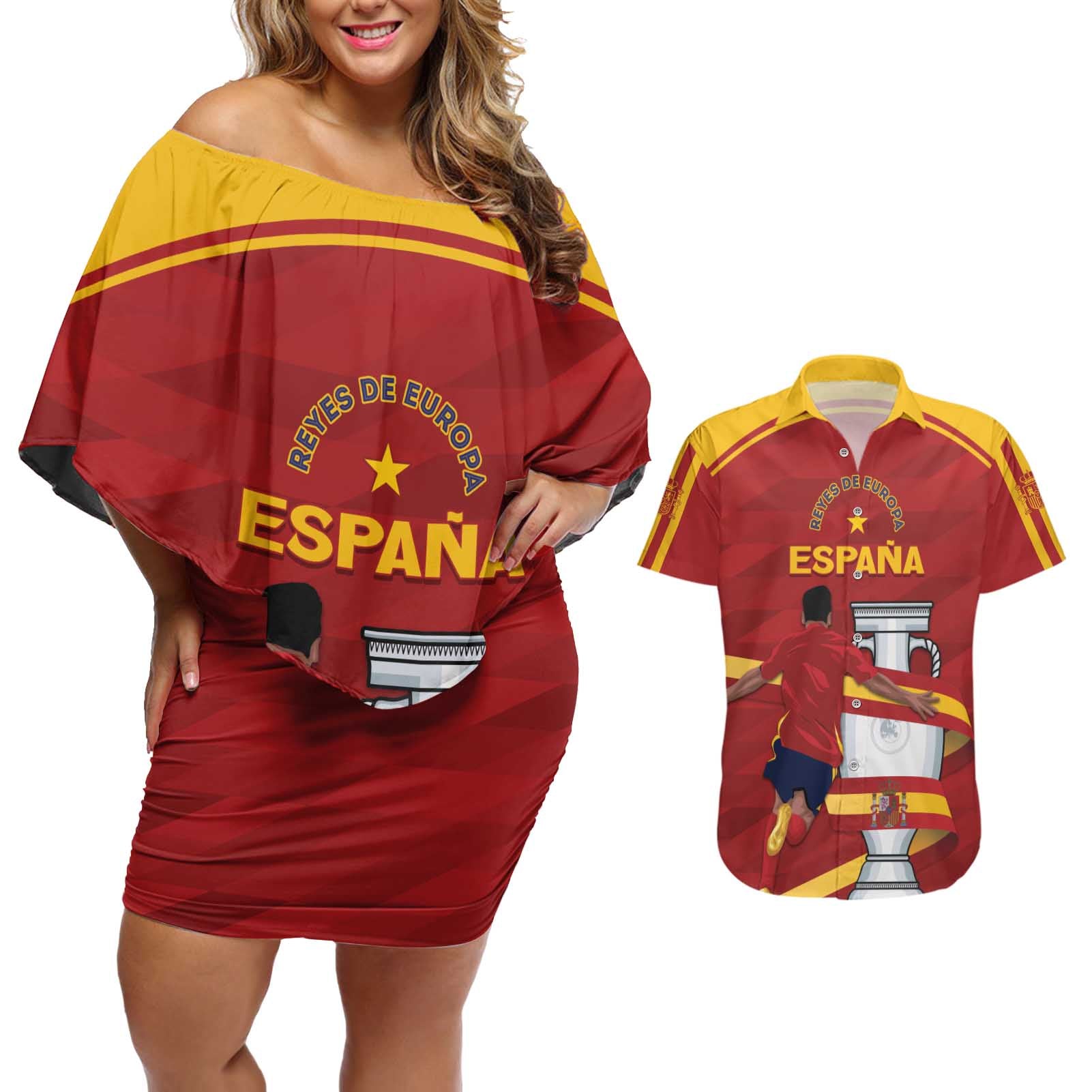 Spain Campeones Custom Couples Matching Off Shoulder Short Dress and Hawaiian Shirt Reyes de Europa LT7 - Wonder Print Shop