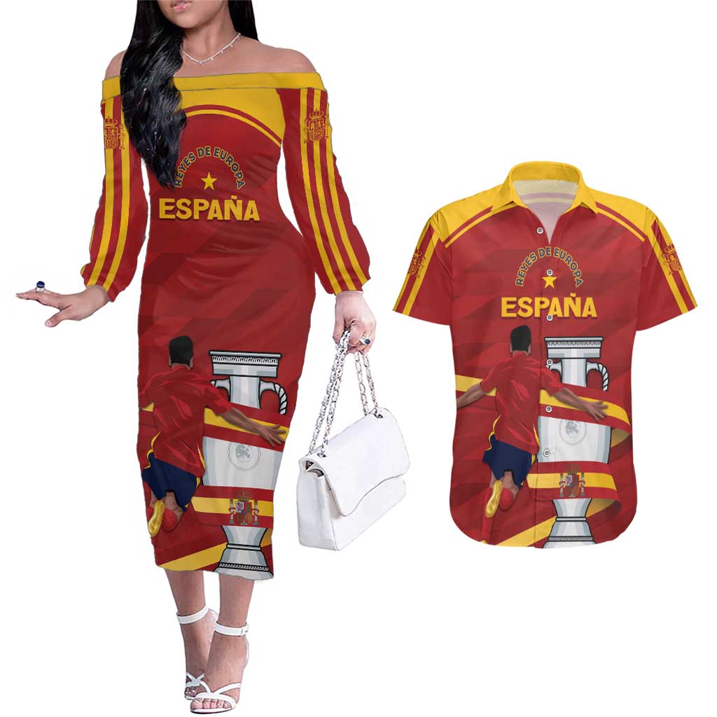 Spain Campeones Custom Couples Matching Off The Shoulder Long Sleeve Dress and Hawaiian Shirt Reyes de Europa LT7 - Wonder Print Shop