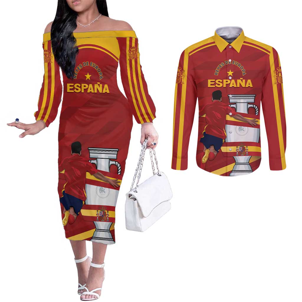 Spain Campeones Custom Couples Matching Off The Shoulder Long Sleeve Dress and Long Sleeve Button Shirt Reyes de Europa