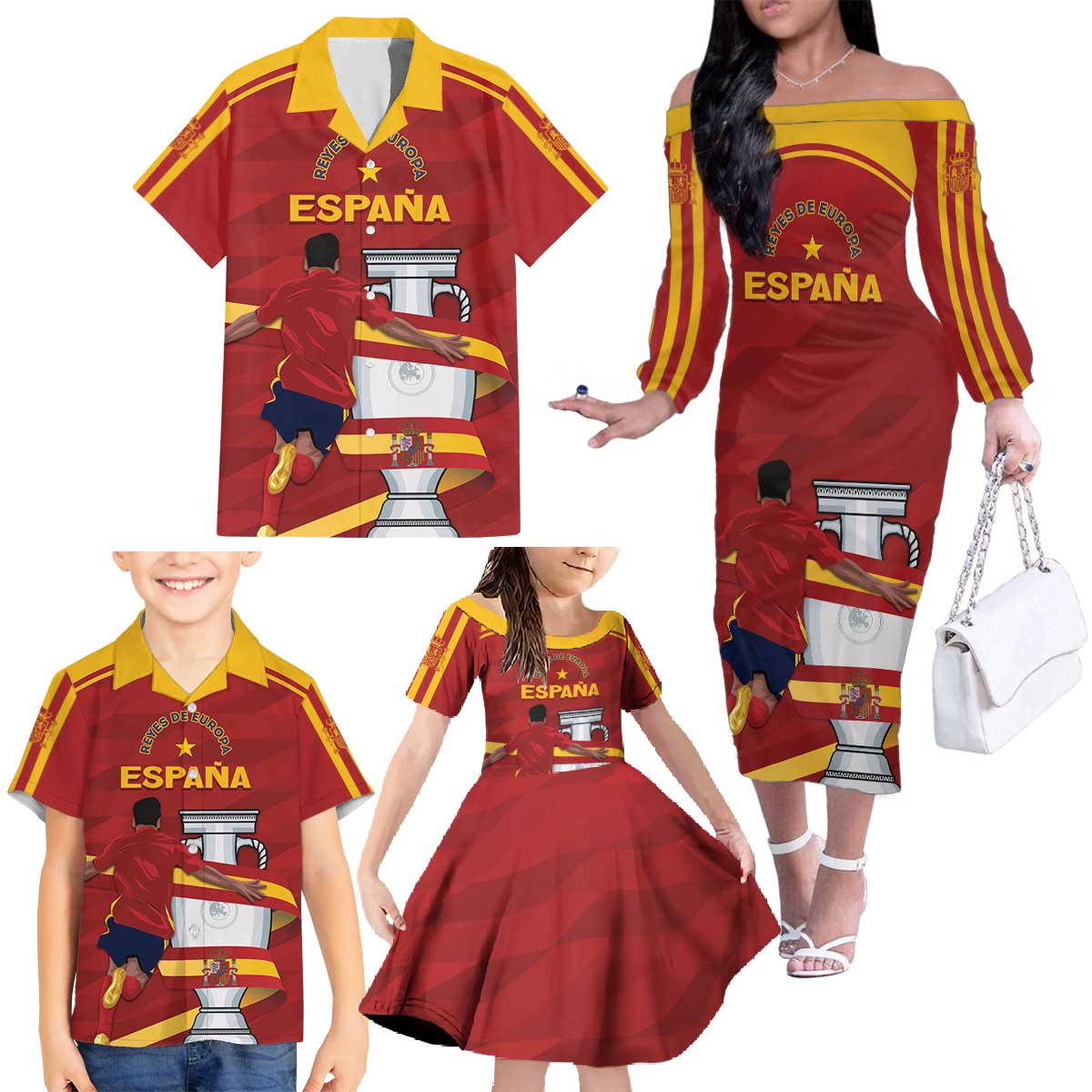 Spain Campeones Custom Family Matching Off The Shoulder Long Sleeve Dress and Hawaiian Shirt Reyes de Europa - Wonder Print Shop