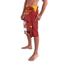 Red lava lava wrap skirt with side graphic print and yellow top band