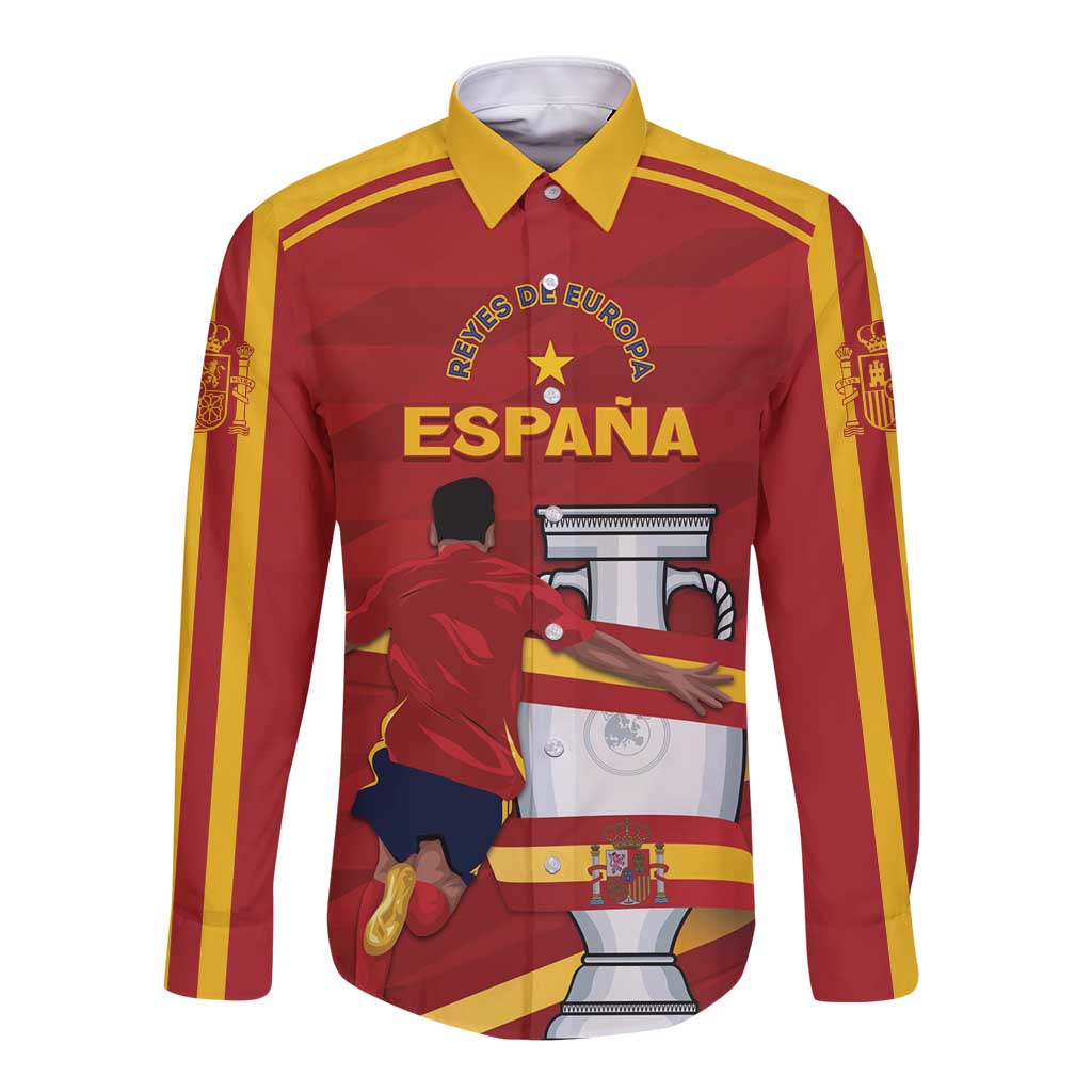 Red long-sleeve button shirt with yellow shoulder stripes and front graphic