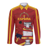Red long-sleeve button shirt with yellow shoulder stripes and front graphic
