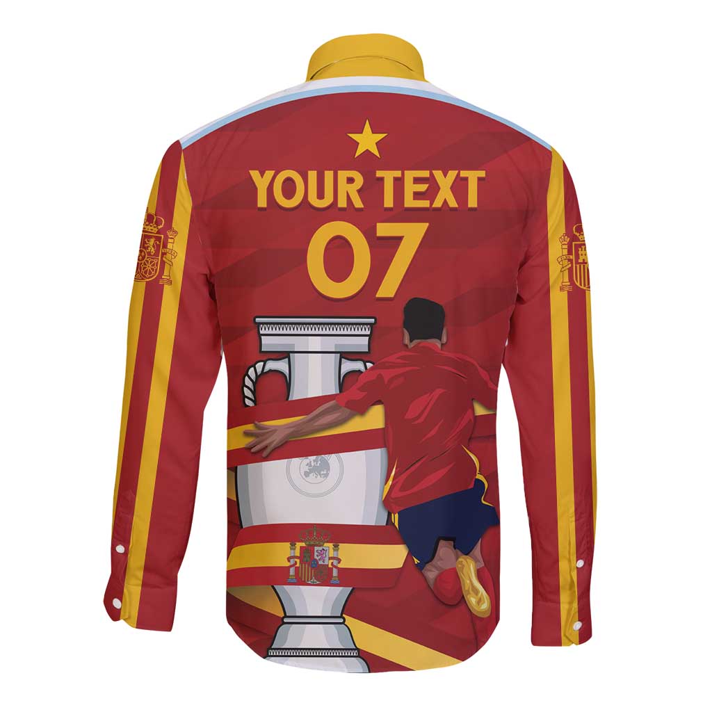 Red long-sleeve button shirt with yellow vertical stripes, back graphic with 07