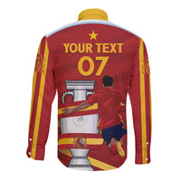Red long-sleeve button shirt with yellow vertical stripes, back graphic with 07