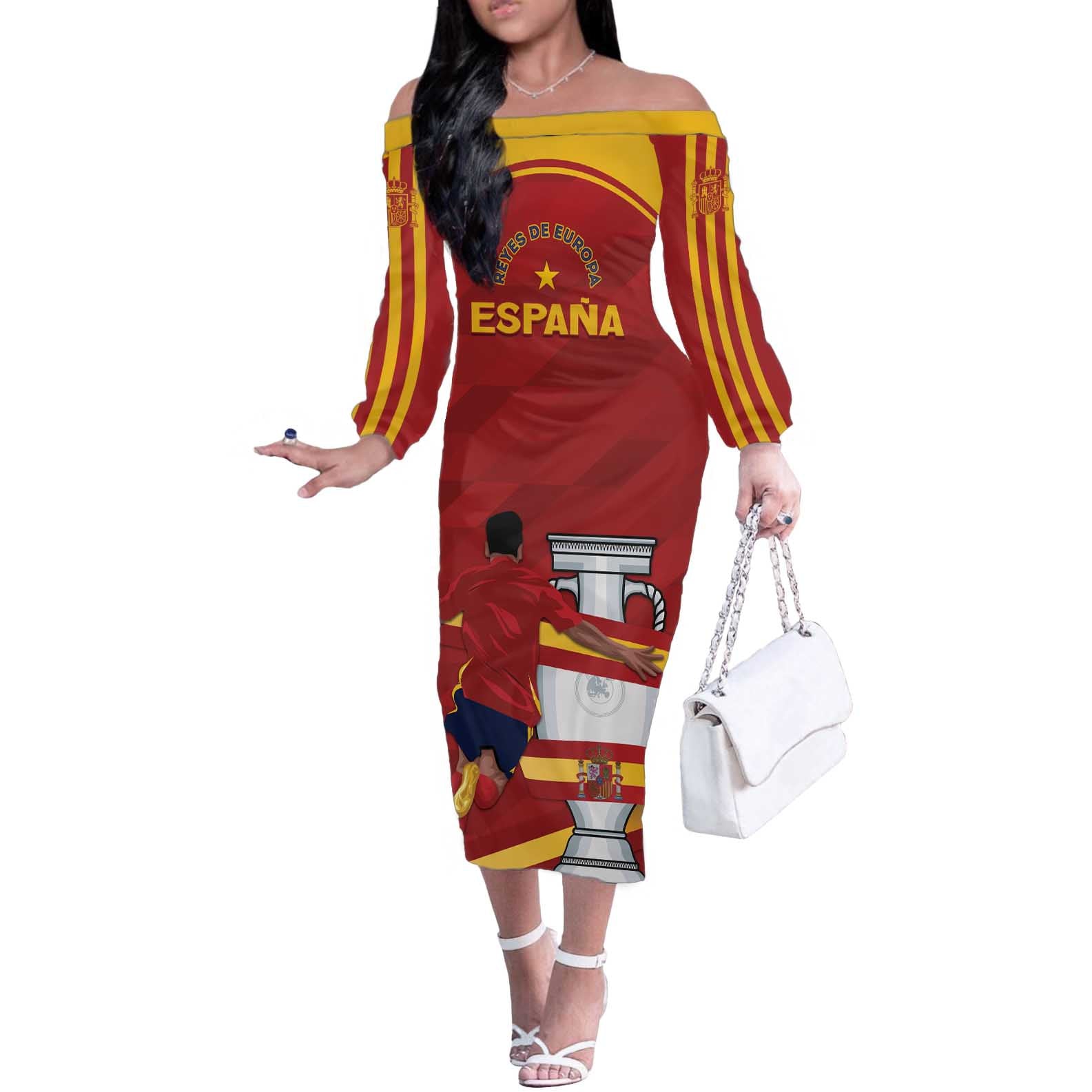 Spain Campeones Custom Off The Shoulder Long Sleeve Dress Reyes de Europa - Wonder Print Shop