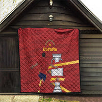Red quilt with diamond quilting and Spain crest graphic, hung on porch