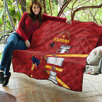 Red Spain quilt with diamond quilting, draped over outdoor seating