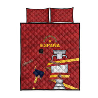 Red quilt bed set with quilted diamond pattern; two pillow shams and Spain graphic center.
