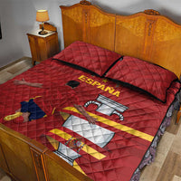 Red quilt bed set with quilted diamond pattern, Spain graphic, black-trimmed edge, two shams.