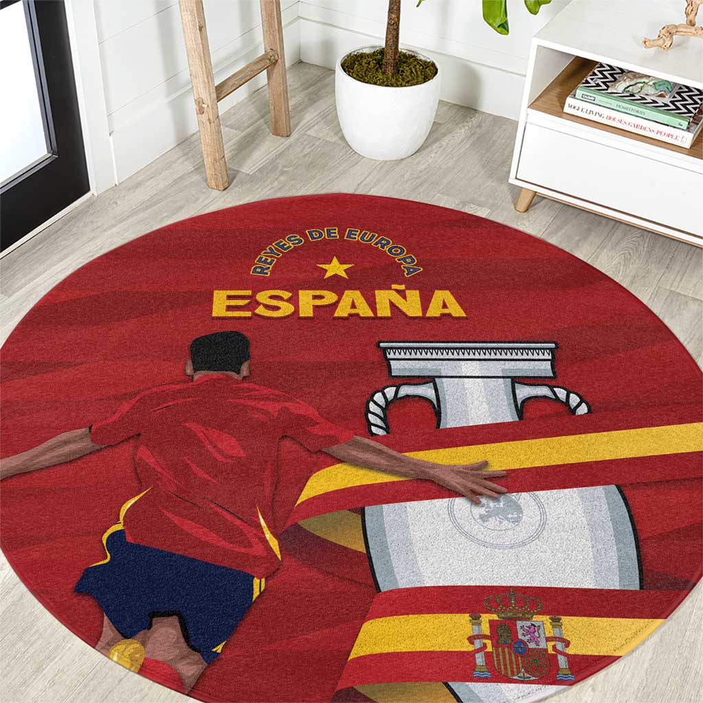 Red round Spain rug with ESPANA lettering, bull face, flag stripes, and coat of arms